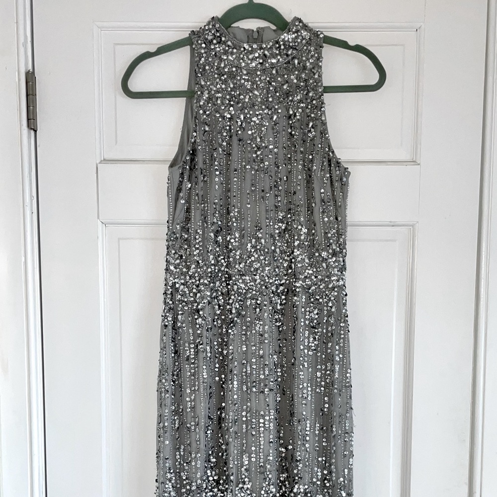 Silver Sequin High-Neck Evening Dress